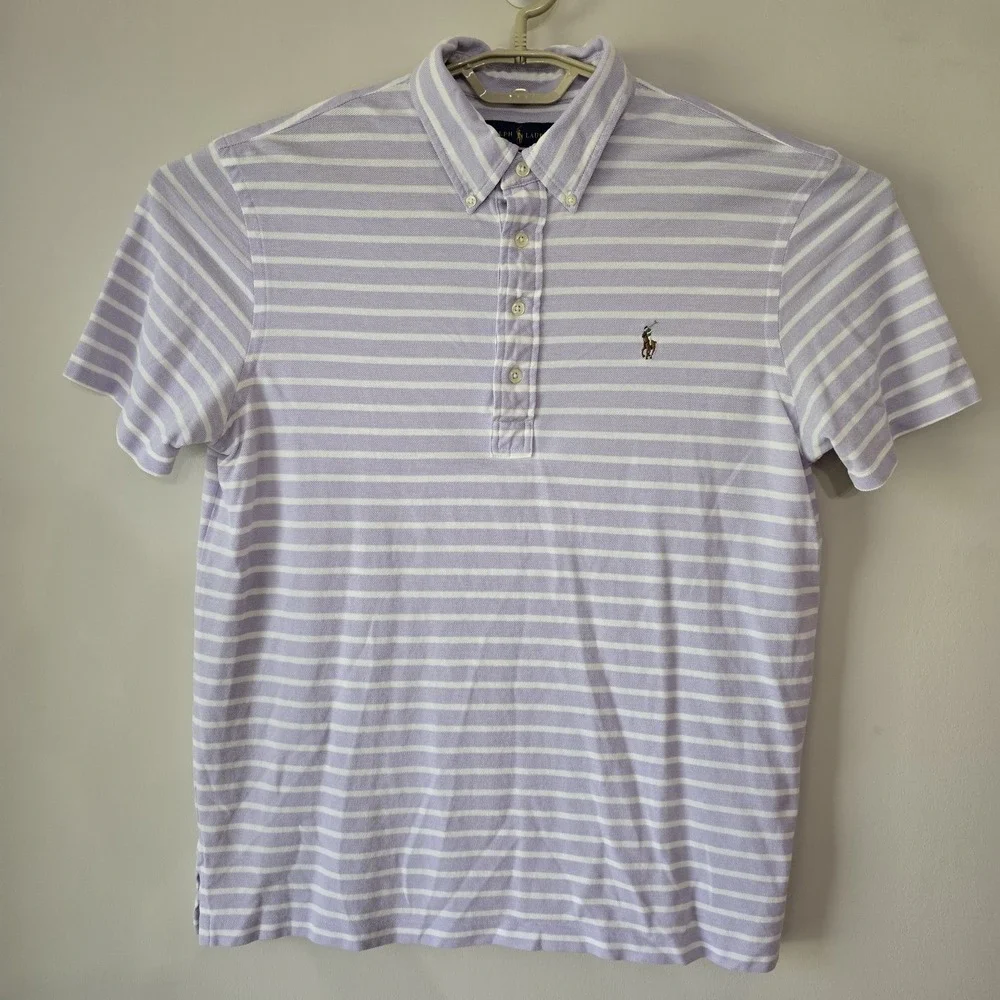 Ralph Lauren Polo Size Large‎ Shirt Mens Light Purple Striped Pique Knit Oxford